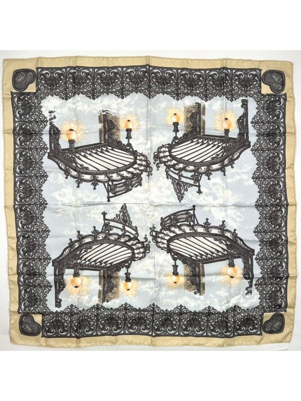Dior Baroque Lamp Motif Silk Black Light Blue Beige Scarf